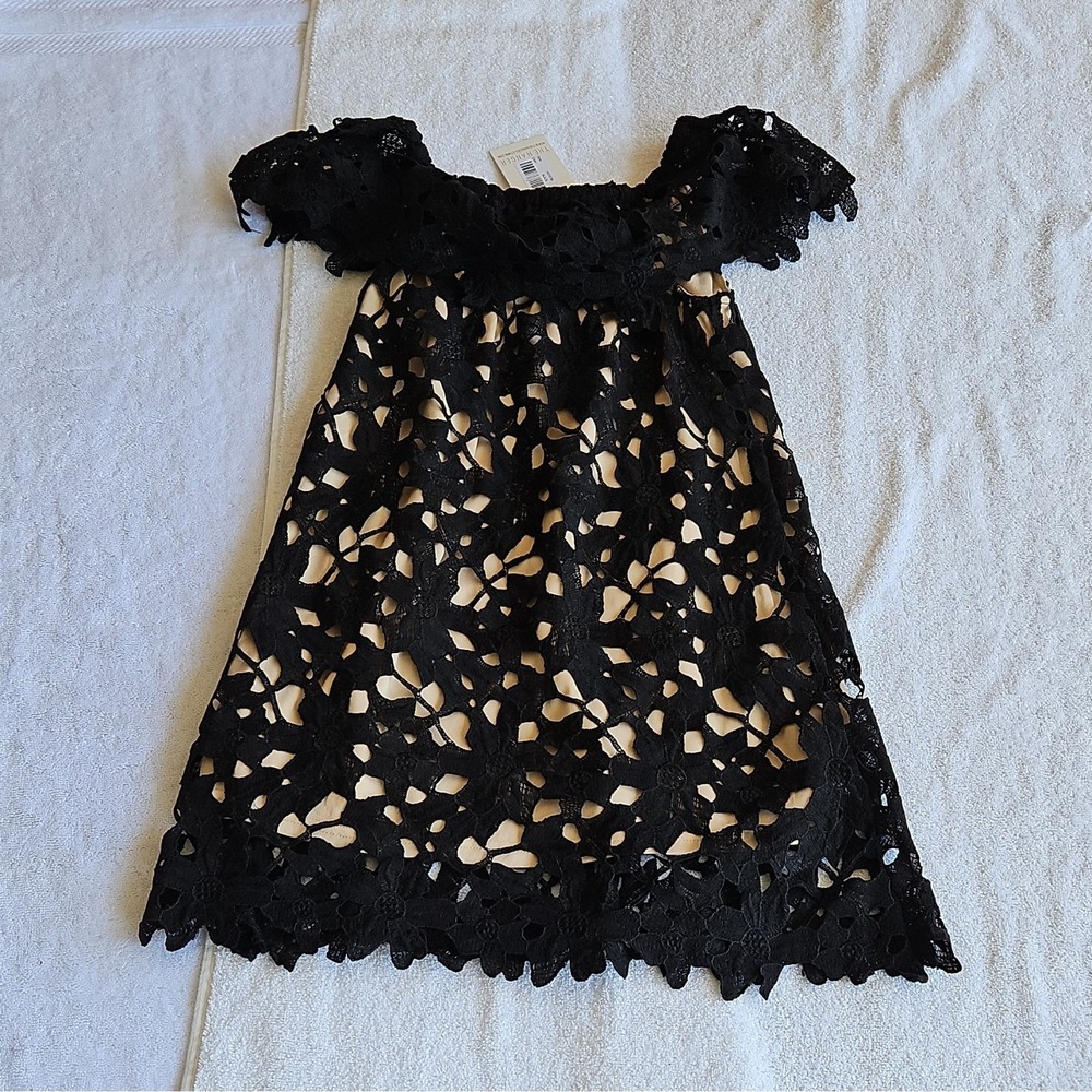 The Hanger Black Lace Off Shoulder Short Sleeve Lined Shift Dress HD10789 S